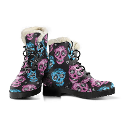 Day of the Dead Skull Print Pattern/Faux-Fur-Leather-Boots.jpg Faux Fur Leather Boots-JTAMIGO.COM