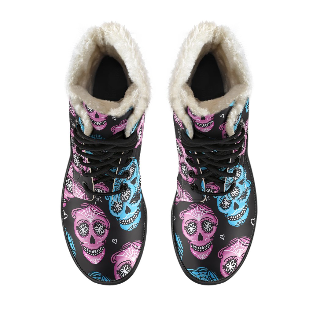 Day of the Dead Skull Print Pattern/Faux-Fur-Leather-Boots.jpg Faux Fur Leather Boots-JTAMIGO.COM
