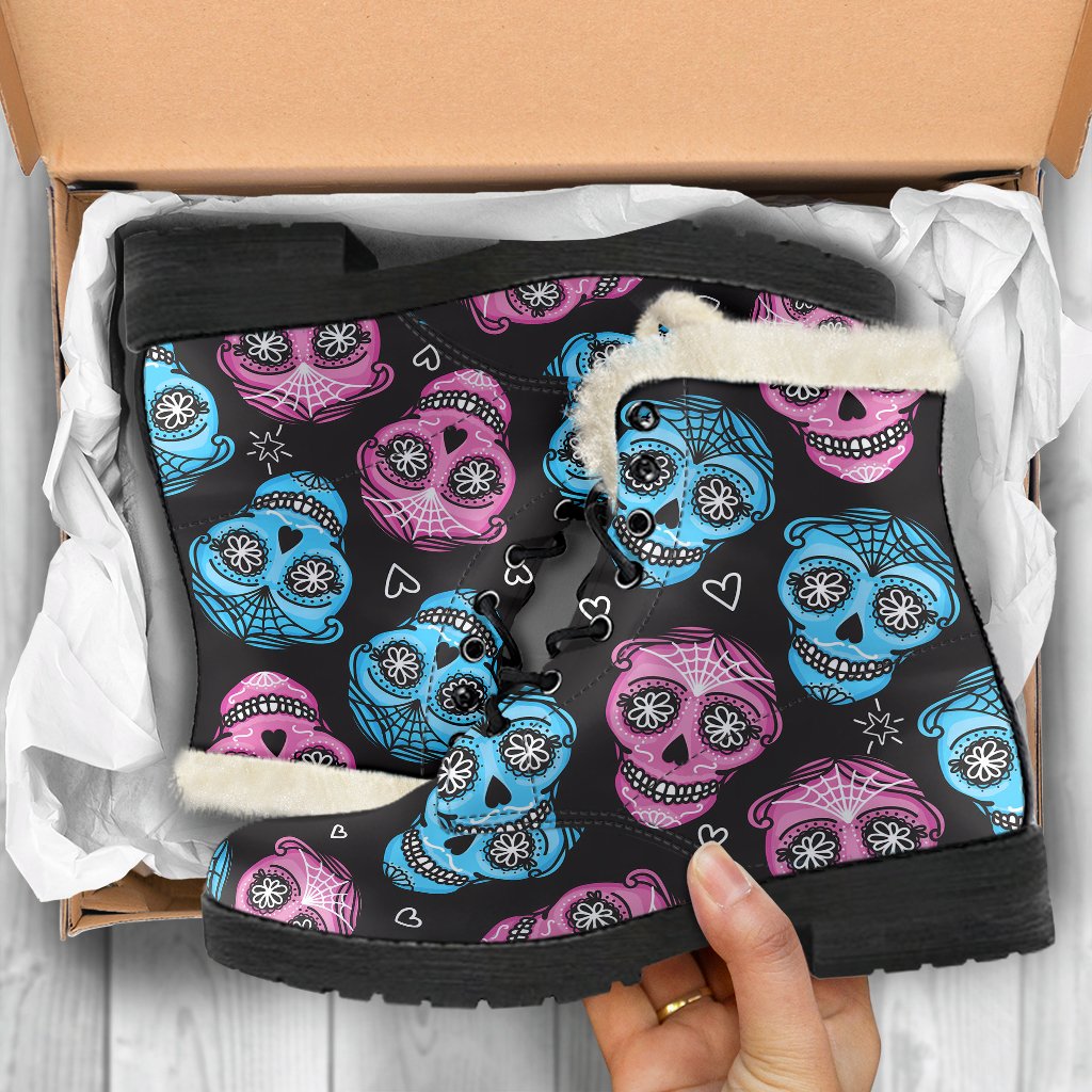 Day of the Dead Skull Print Pattern/Faux-Fur-Leather-Boots.jpg Faux Fur Leather Boots-JTAMIGO.COM