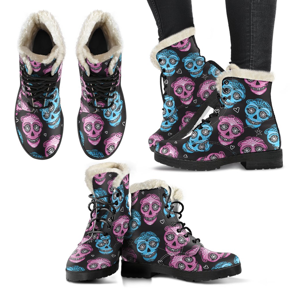 Day of the Dead Skull Print Pattern/Faux-Fur-Leather-Boots.jpg Faux Fur Leather Boots-JTAMIGO.COM