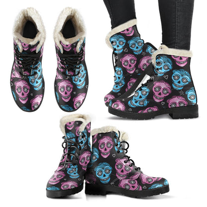 Day of the Dead Skull Print Pattern/Faux-Fur-Leather-Boots.jpg Faux Fur Leather Boots-JTAMIGO.COM