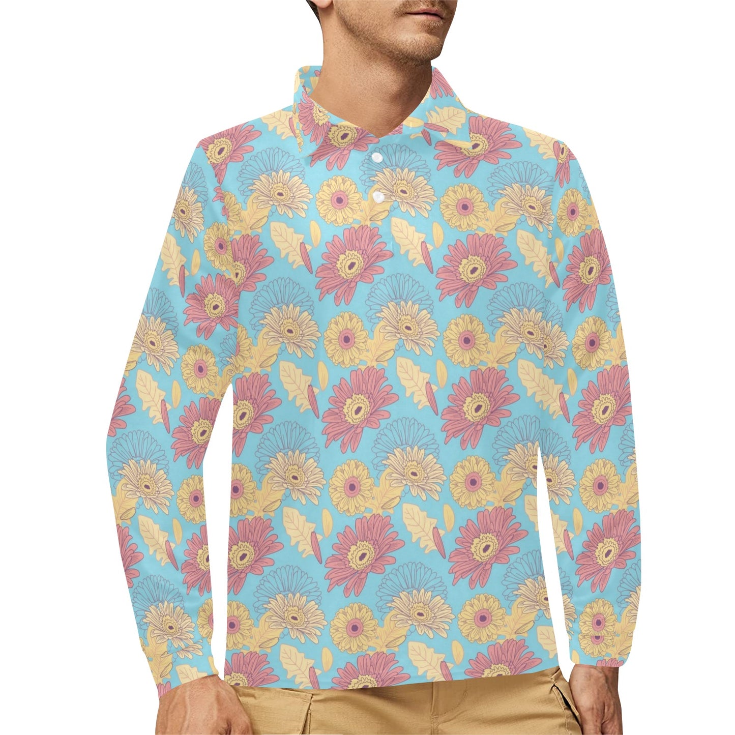 Gerberas Pattern Print Design GB04 Long Sleeve Polo Shirt For Men's