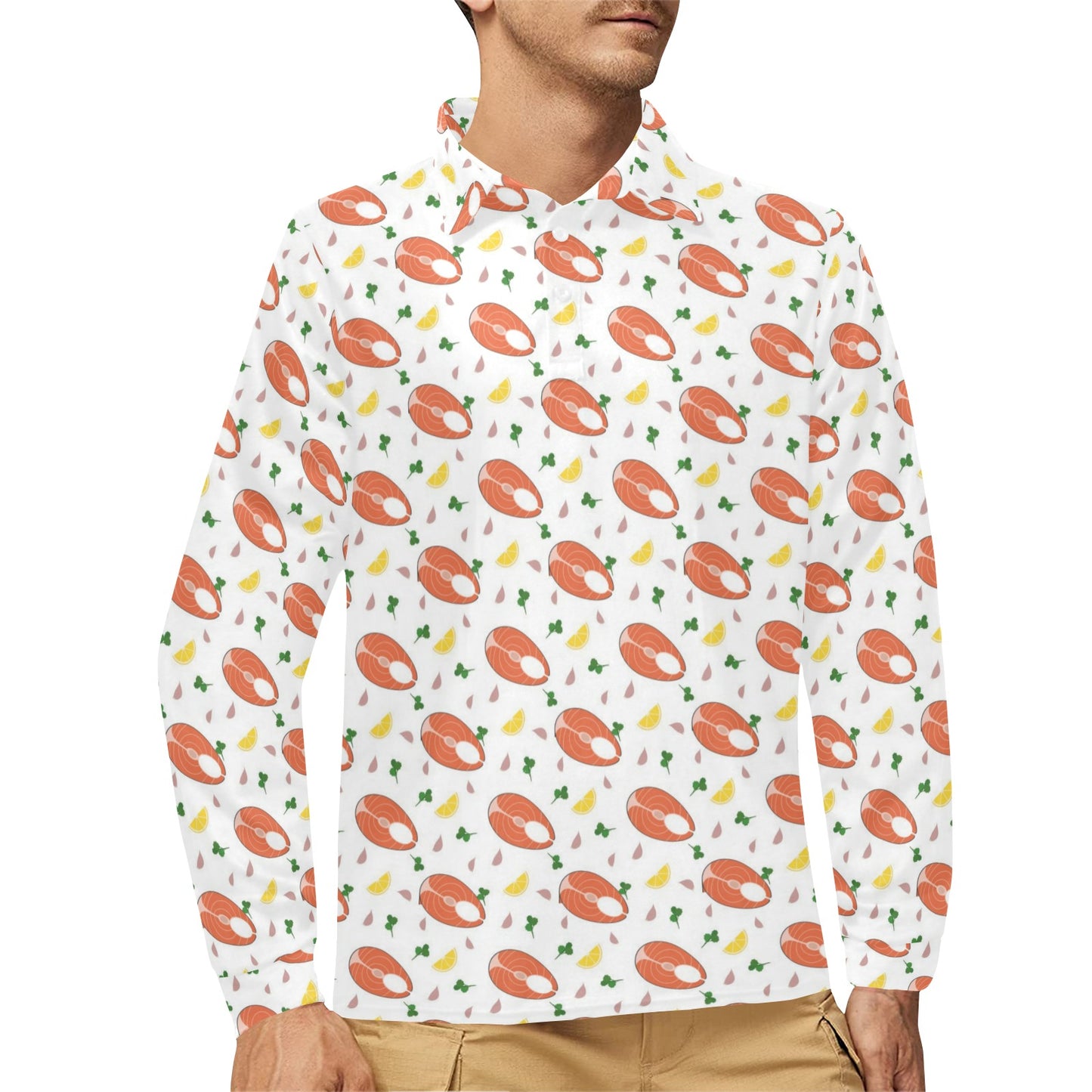 Salmon Steak Print Design LKS303 Long Sleeve Polo Shirt For Men's