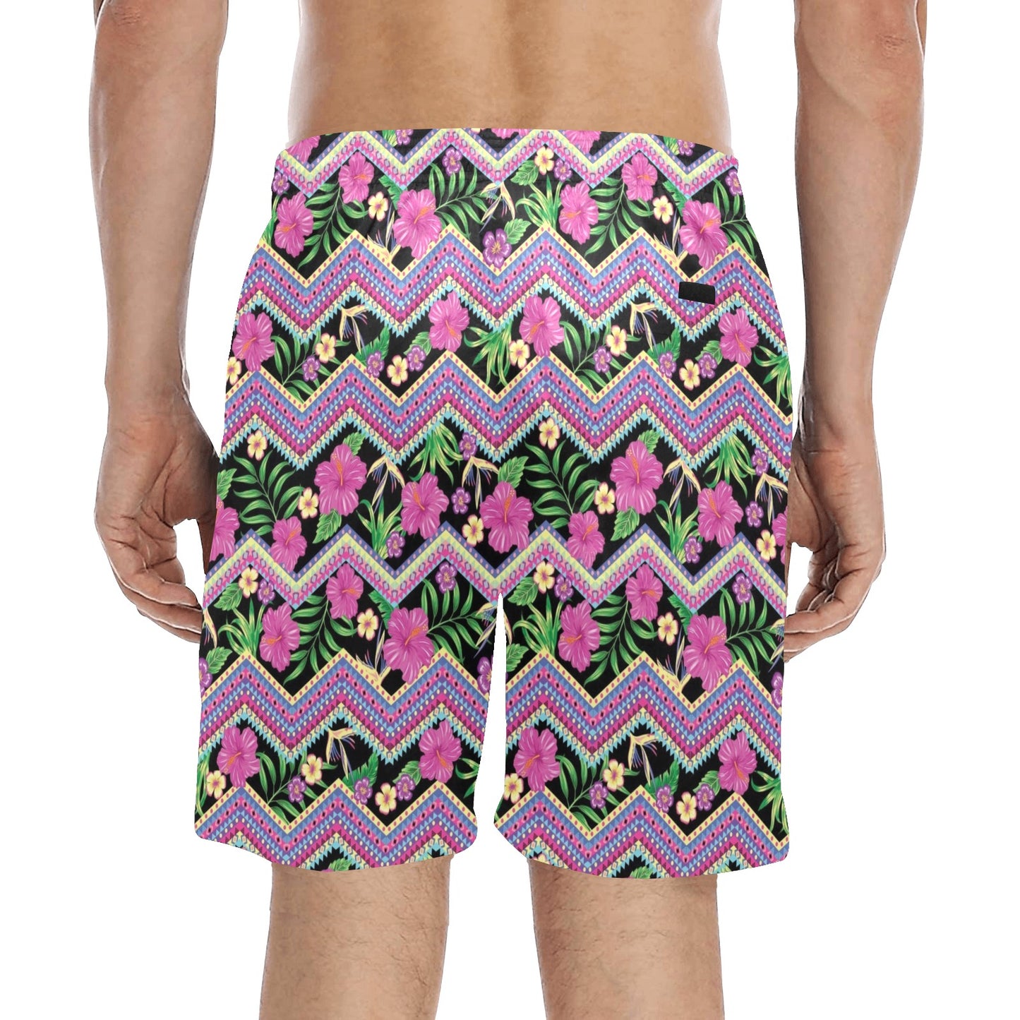 Hibiscus Pink Zigzag Line Pattern Design LKS307 Men's Swim Trunks Beach Shorts