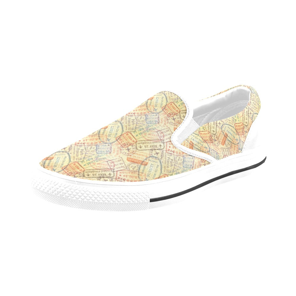 Travel Stamp Print Design LKS302 White Slip Ons Canvas Women's Shoes