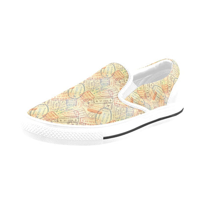 Travel Stamp Print Design LKS302 White Slip Ons Canvas Women's Shoes