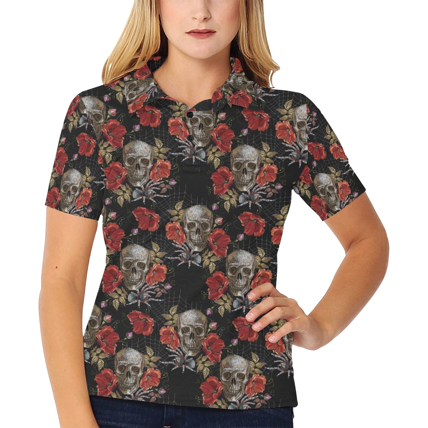 Spider Web Skull Rose Print Design LKS305 Women's Polo Shirt