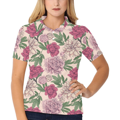 Peony Pattern Print Design A01 Women's Polo Shirt
