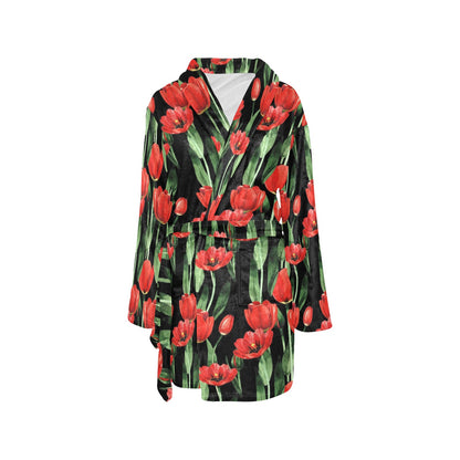 Tulip Red Pattern Print Design TP03 Women's Fleece Robe