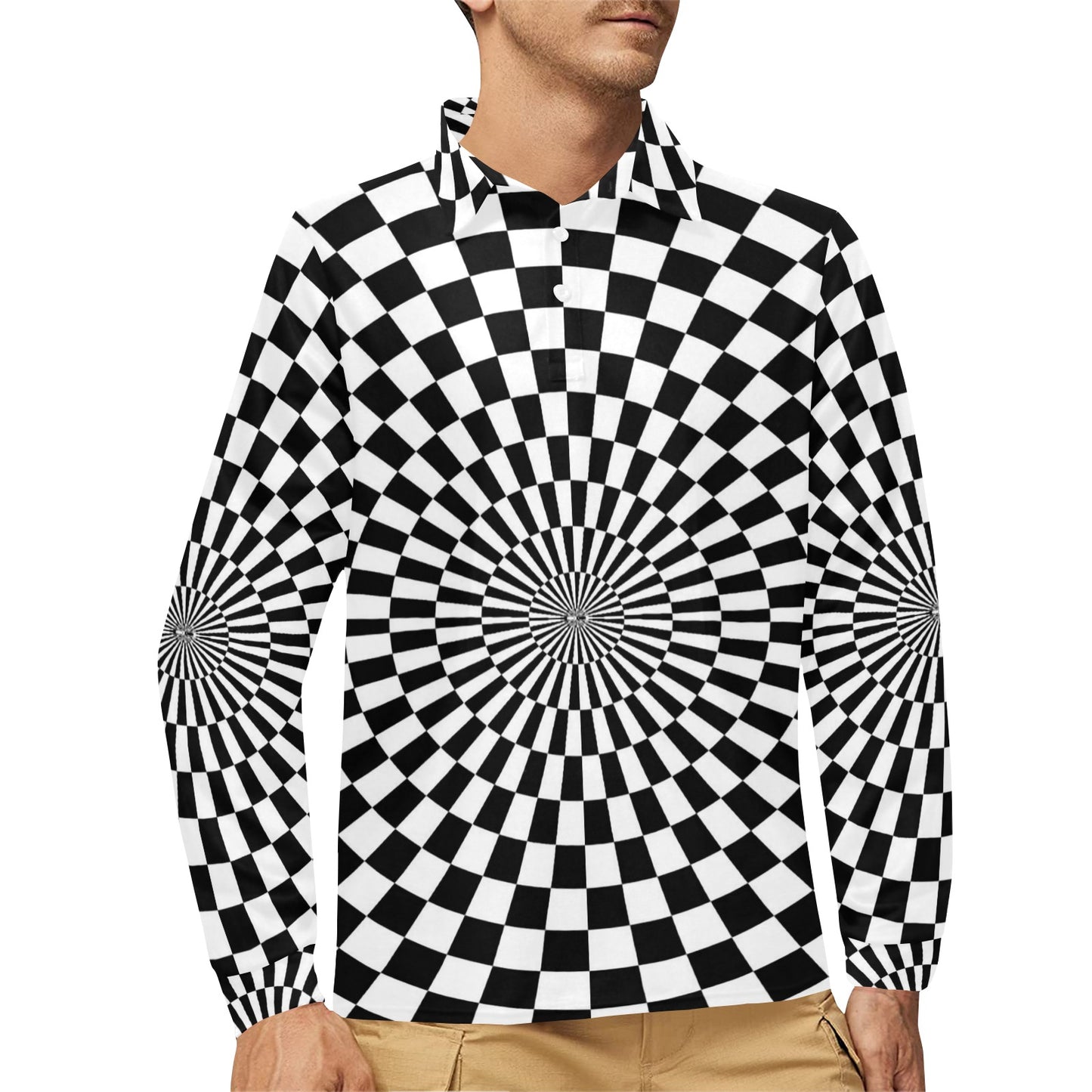 Checkered Flag Optical illusion Long Sleeve Polo Shirt For Men's