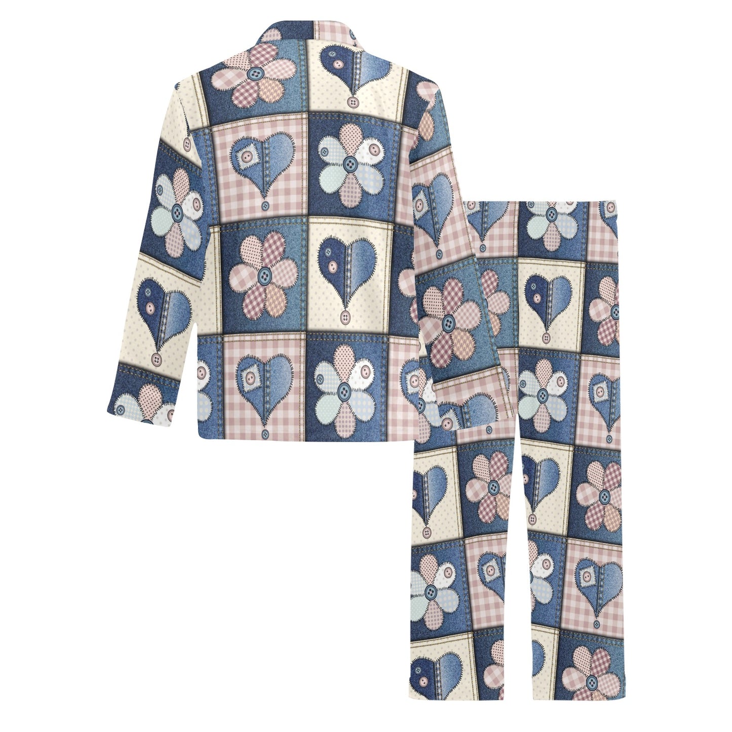 Patchwork Heart Flower Pattern Print Design 01 Men's Long Pajama Set