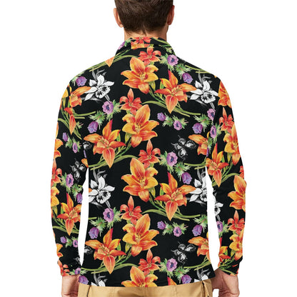 Tropical Flower Pattern Print Design TF02 Long Sleeve Polo Shirt For Men's
