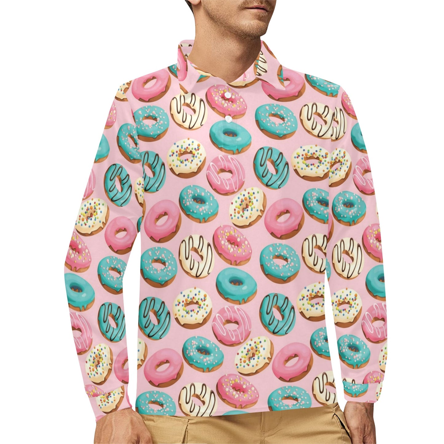 Donut Pattern Print Design DN06 Long Sleeve Polo Shirt For Men's