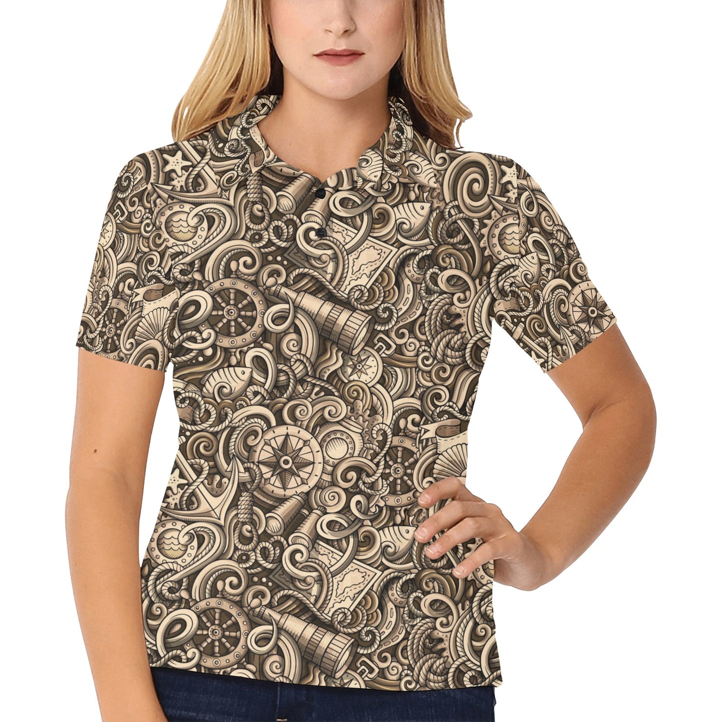 Nautical Tattoo Design Themed Print Women's Polo Shirt