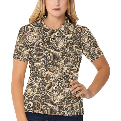 Nautical Tattoo Design Themed Print Women's Polo Shirt