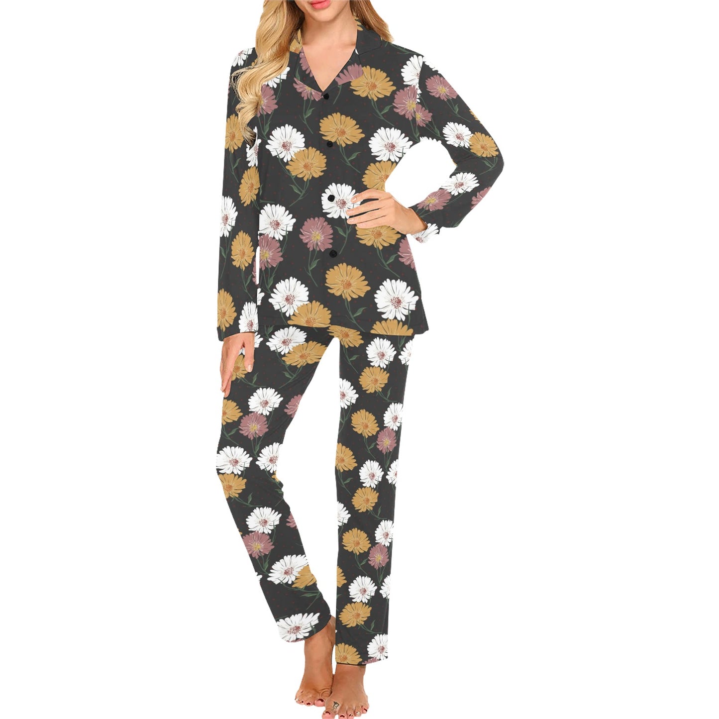 Daisy Pattern Print Design DS04 Women's Long Pajama Set