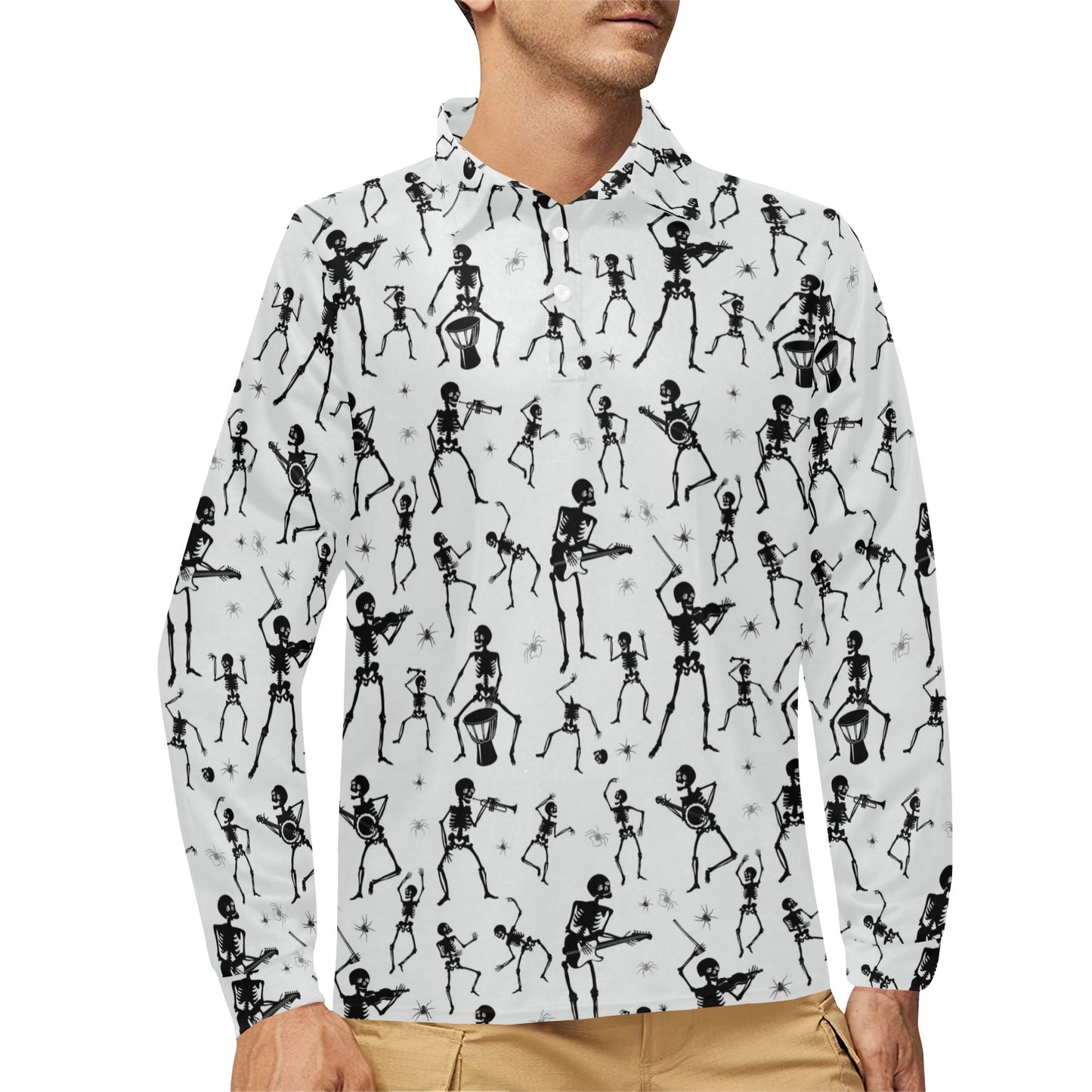 Skeleton Music Player Print Design LKS303 Long Sleeve Polo Shirt For Men's