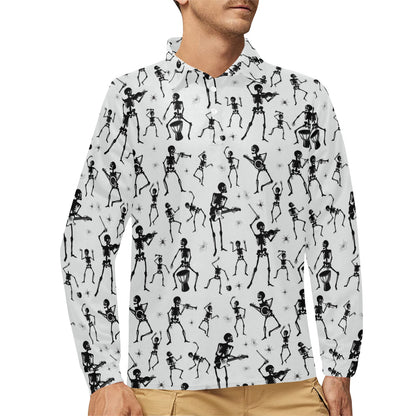 Skeleton Music Player Print Design LKS303 Long Sleeve Polo Shirt For Men's