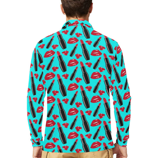 Lipstick Pattern Print Design LT02 Long Sleeve Polo Shirt For Men's