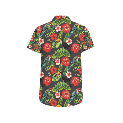 Hibiscus Red With Parrotprint Design LKS303 Men Short Sleeve Button Up Shirt