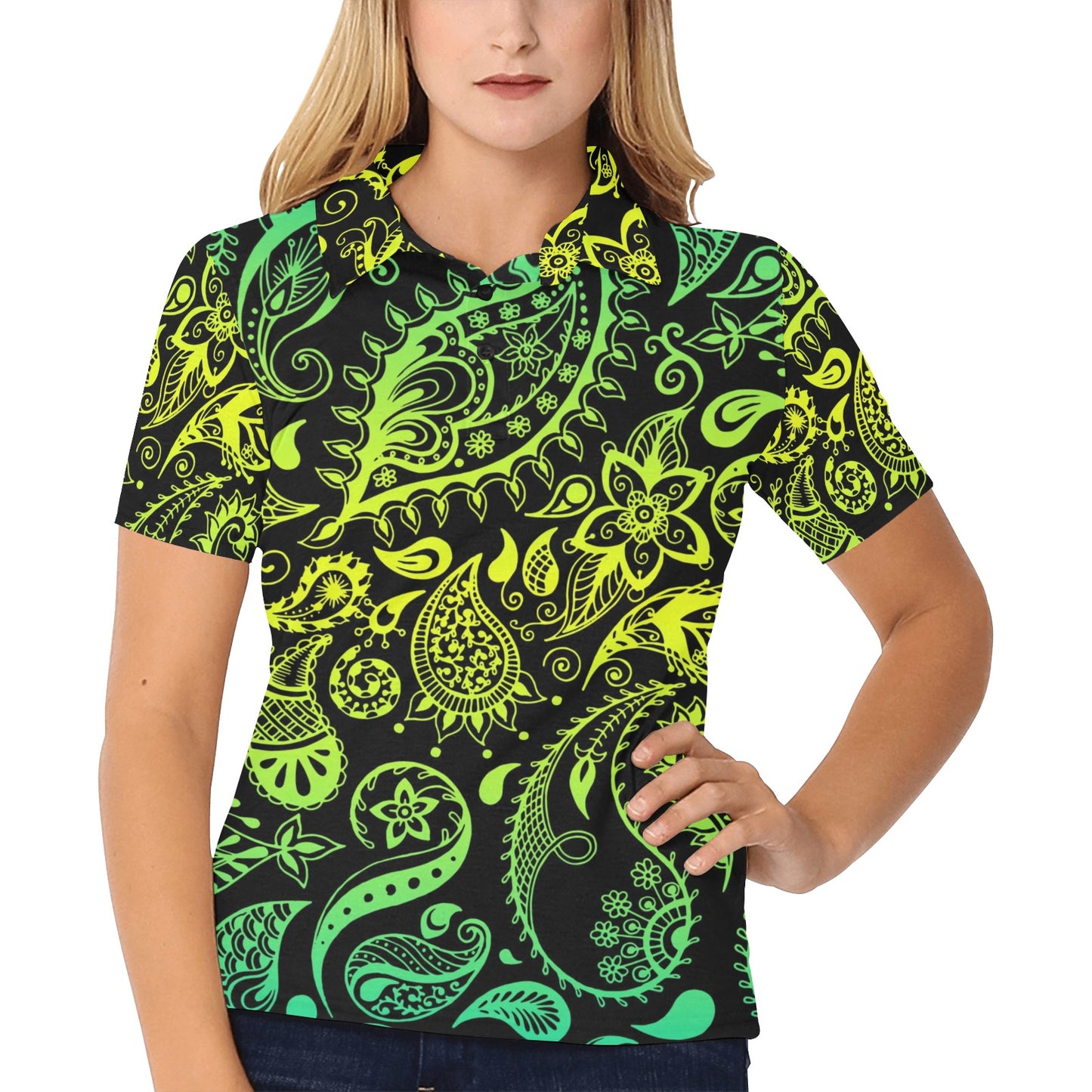 Paisley Green Design Print Women's Polo Shirt