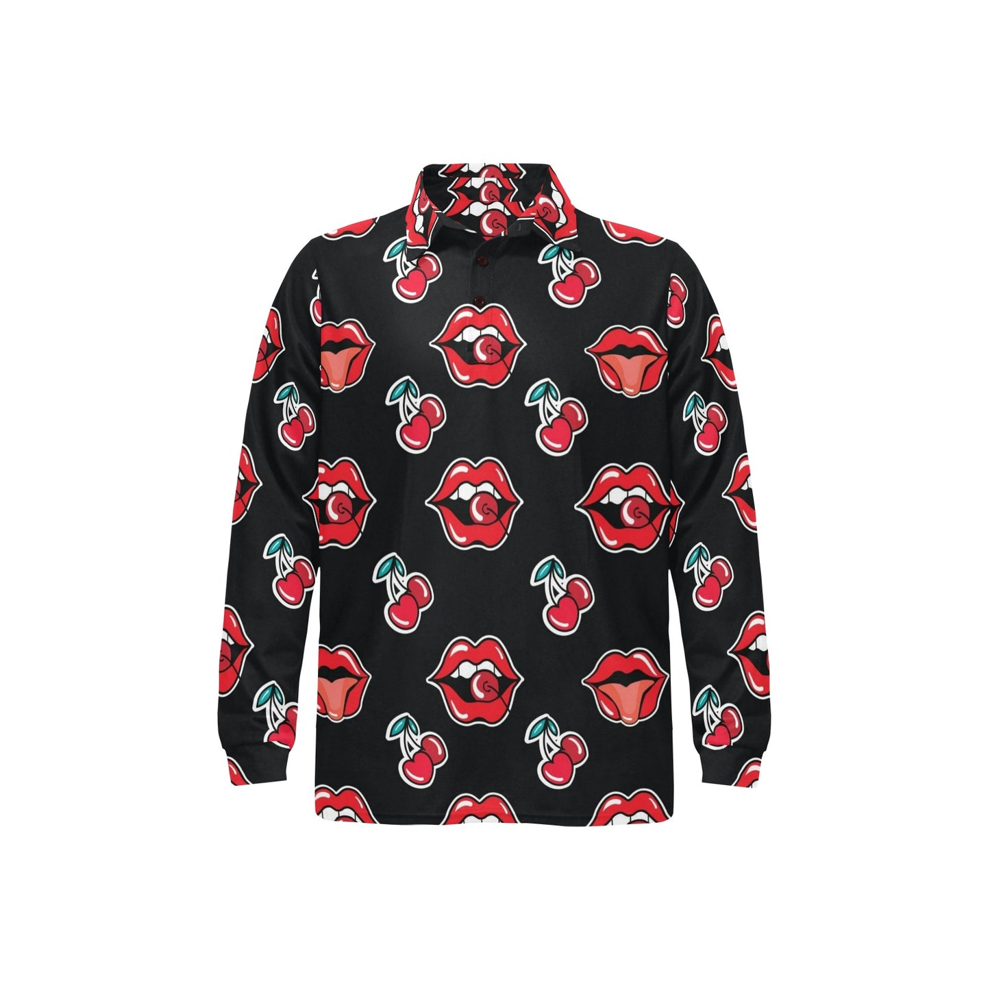 Cherry Pattern Print Design CH04 Long Sleeve Polo Shirt For Men's