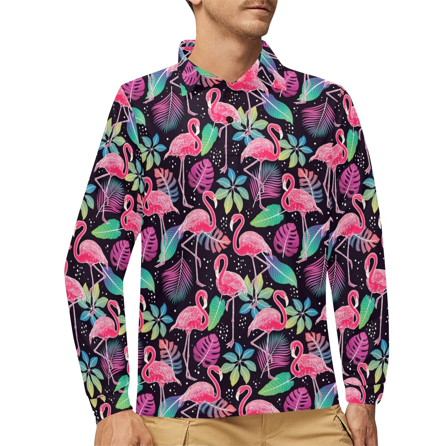 Flamingo Tropical leaves Neon Print Long Sleeve Polo Shirt For Men's