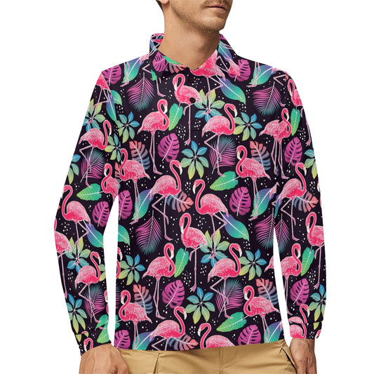 Flamingo Tropical leaves Neon Print Long Sleeve Polo Shirt For Men's