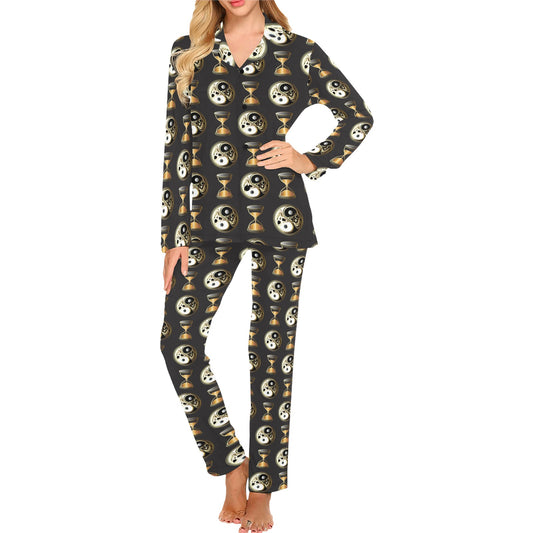 Yin Yang Skull Themed Design Print Women's Long Pajama Set