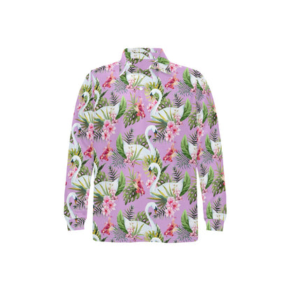 Swan with Flower Pattern Print Design 01 Long Sleeve Polo Shirt For Men's