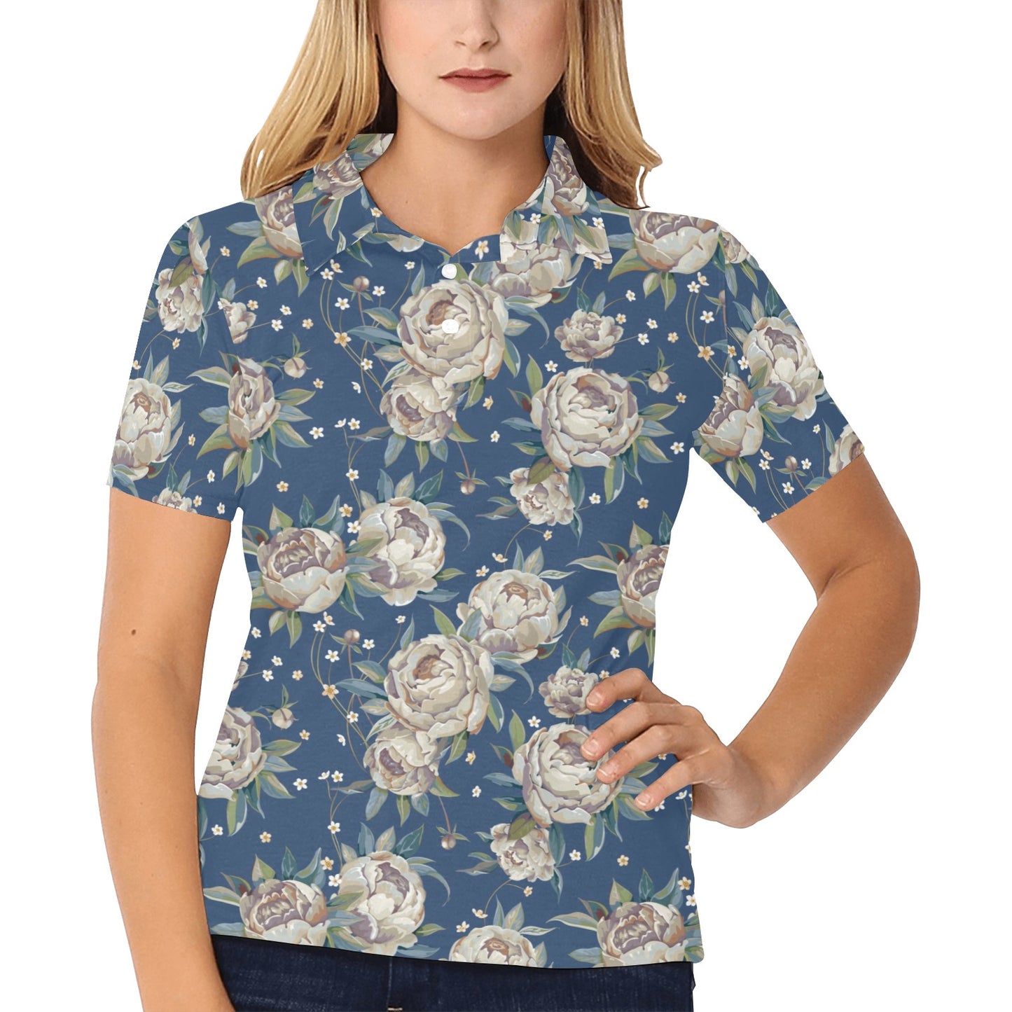 Peony Pattern Print Design A03 Women's Polo Shirt
