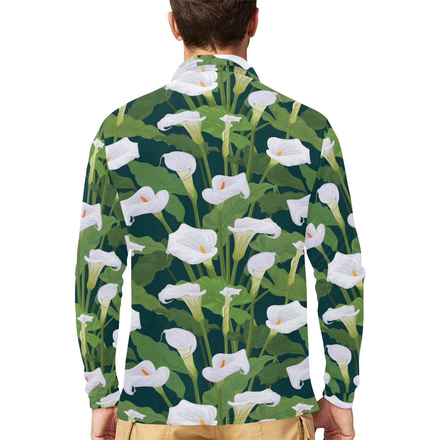 Lily Pattern Print Design 04 Long Sleeve Polo Shirt For Men's