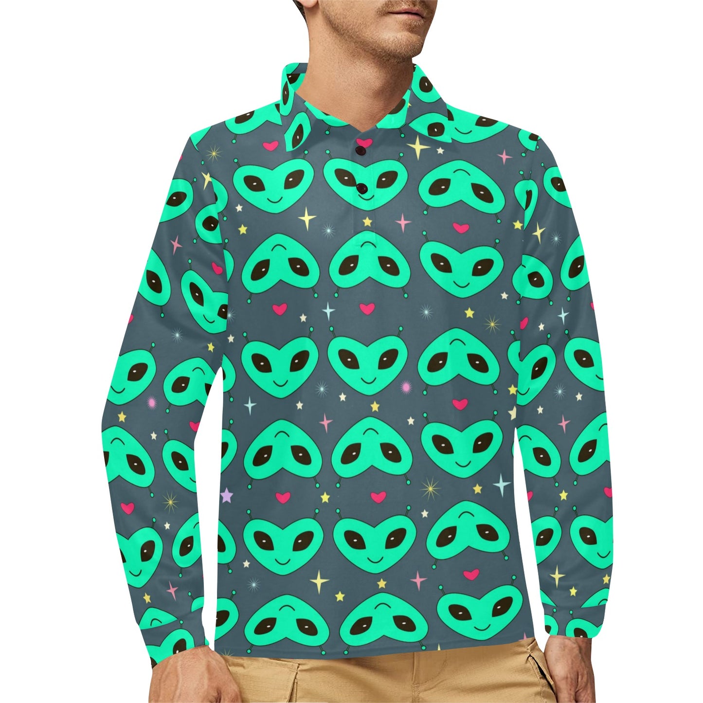 Alien Head Heart Pattern Print Design 03 Long Sleeve Polo Shirt For Men's