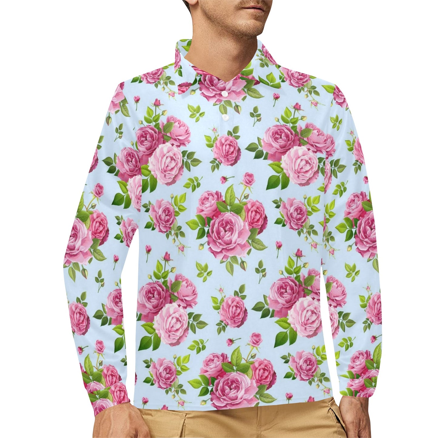 Rose Pink Pattern Print Design RO08 Long Sleeve Polo Shirt For Men's