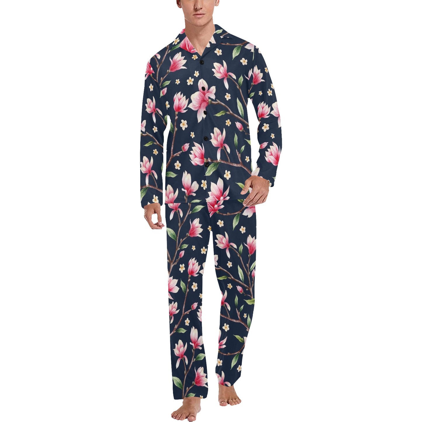 Magnolia Pattern Print Design MAG09 Men's Long Pajama Set