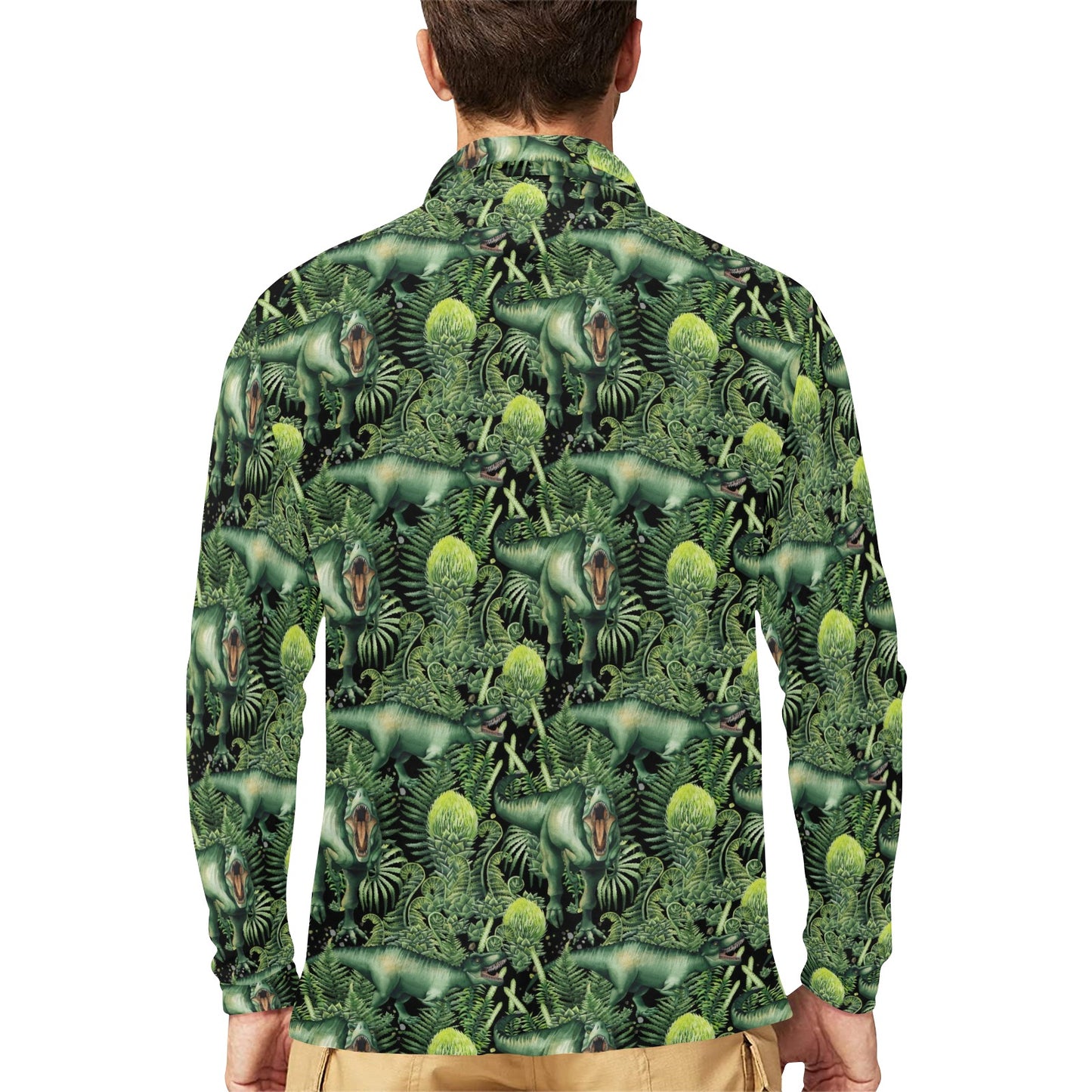 Dinosaur T Rex Print Pattern Long Sleeve Polo Shirt For Men's