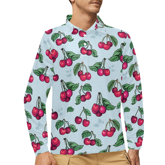 Cherry Pattern Print Design CH01 Long Sleeve Polo Shirt For Men's