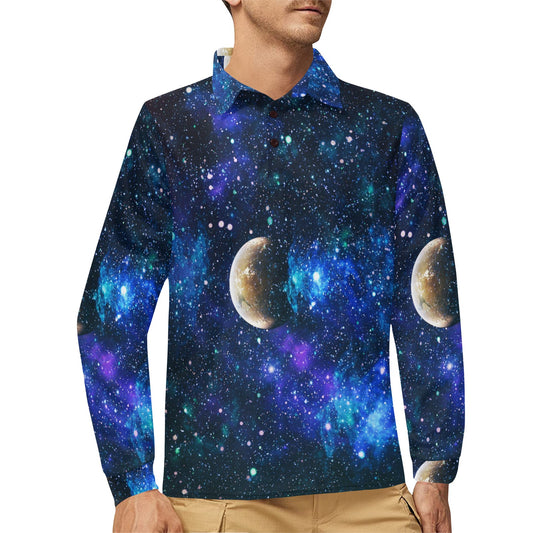 Galaxy Stardust Planet Space Print Long Sleeve Polo Shirt For Men's
