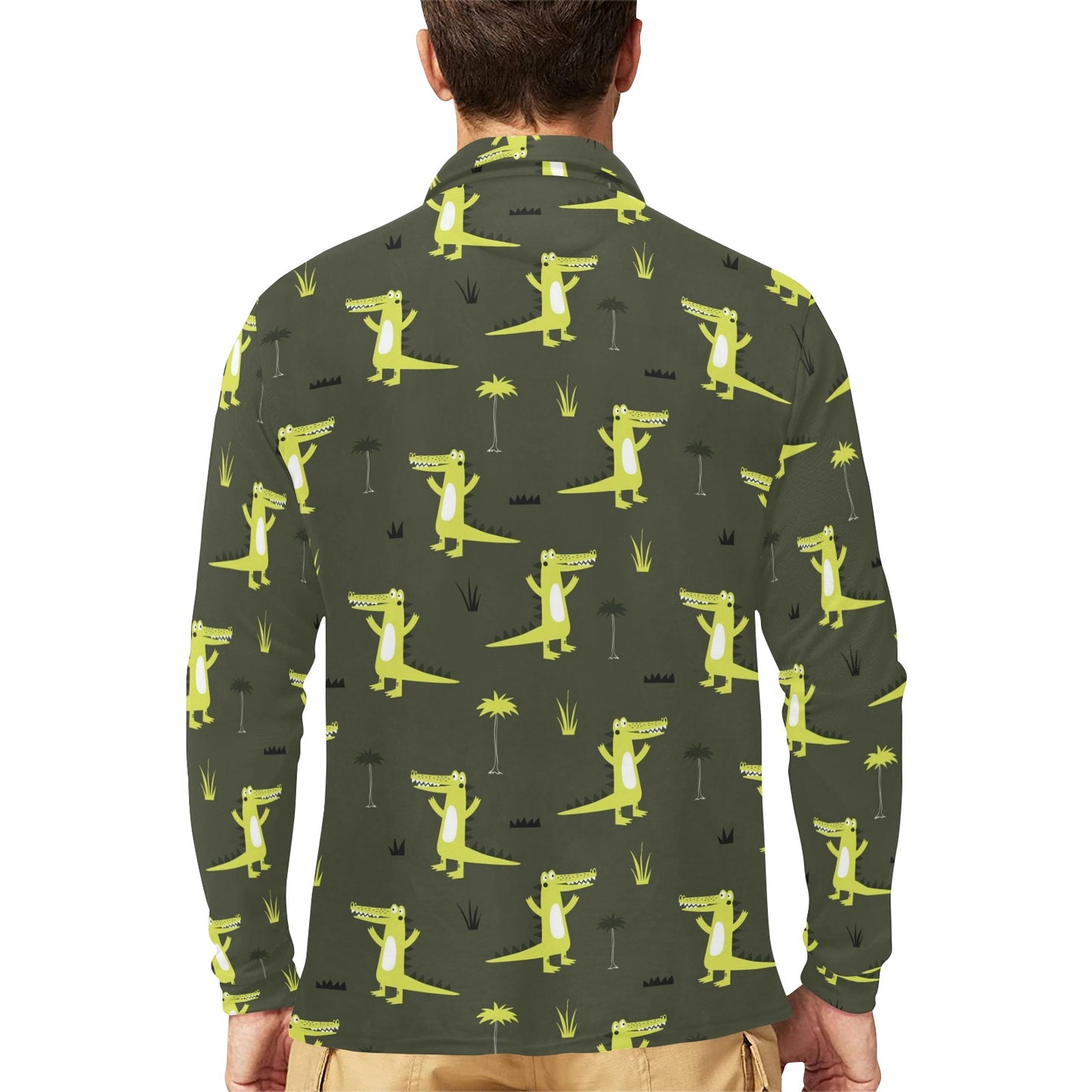 Alligator Pattern Print Design 05 Long Sleeve Polo Shirt For Men's