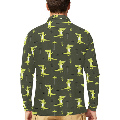 Alligator Pattern Print Design 05 Long Sleeve Polo Shirt For Men's