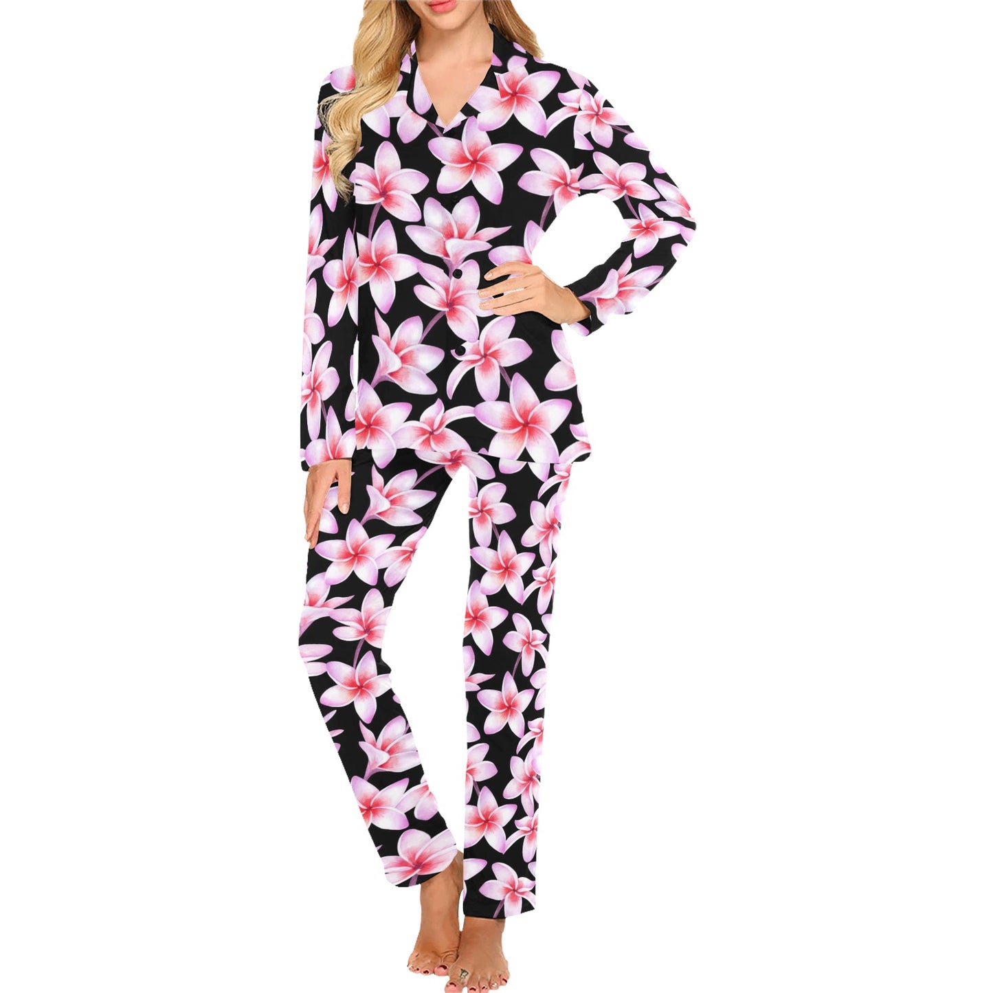 Pink Plumeria Pattern Print Design PM09 Women's Long Pajama Set