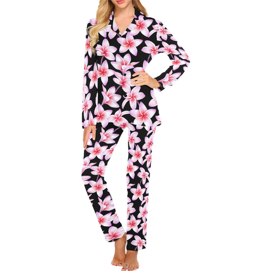 Pink Plumeria Pattern Print Design PM09 Women's Long Pajama Set