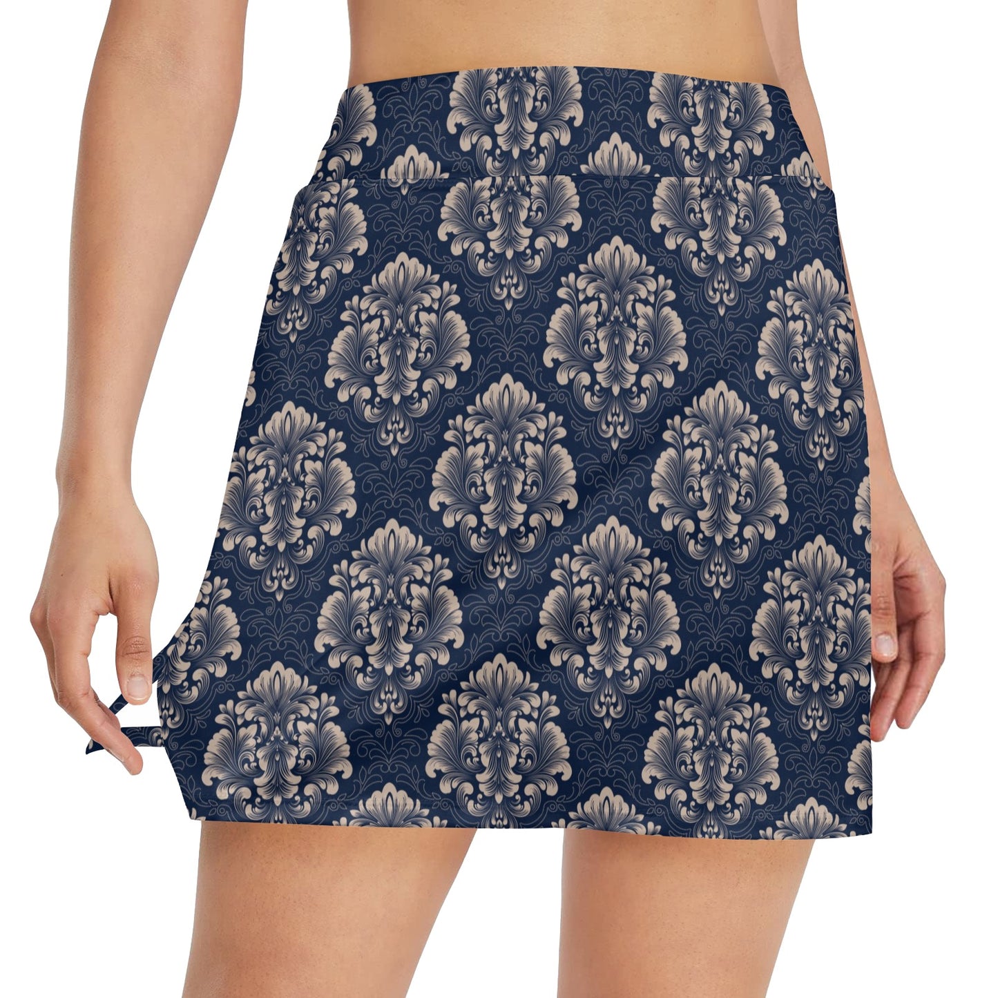 Damask Blue Luxury Print Pattern 17" Golf & Pickleball Skort with Pockets
