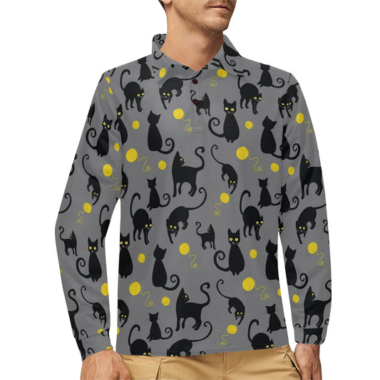 Black Cat Yellow Yarn Print Pattern Long Sleeve Polo Shirt For Men's