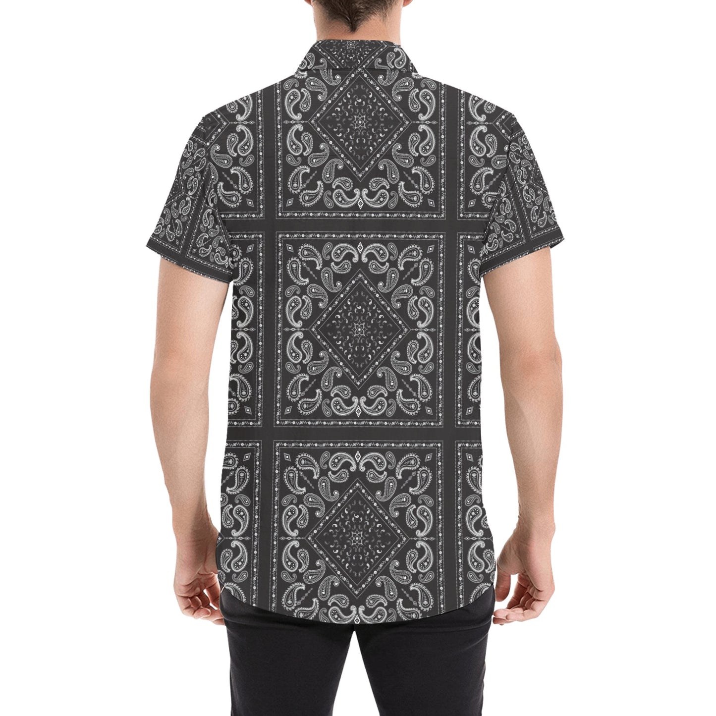 Bandana Black White Print Design LKS302 Men Short Sleeve Button Up Shirt