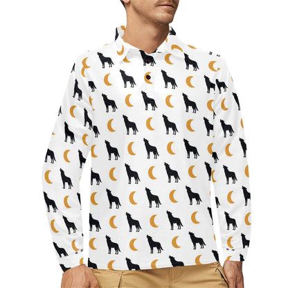 Wolf Moon Print Design LKS302 Long Sleeve Polo Shirt For Men's