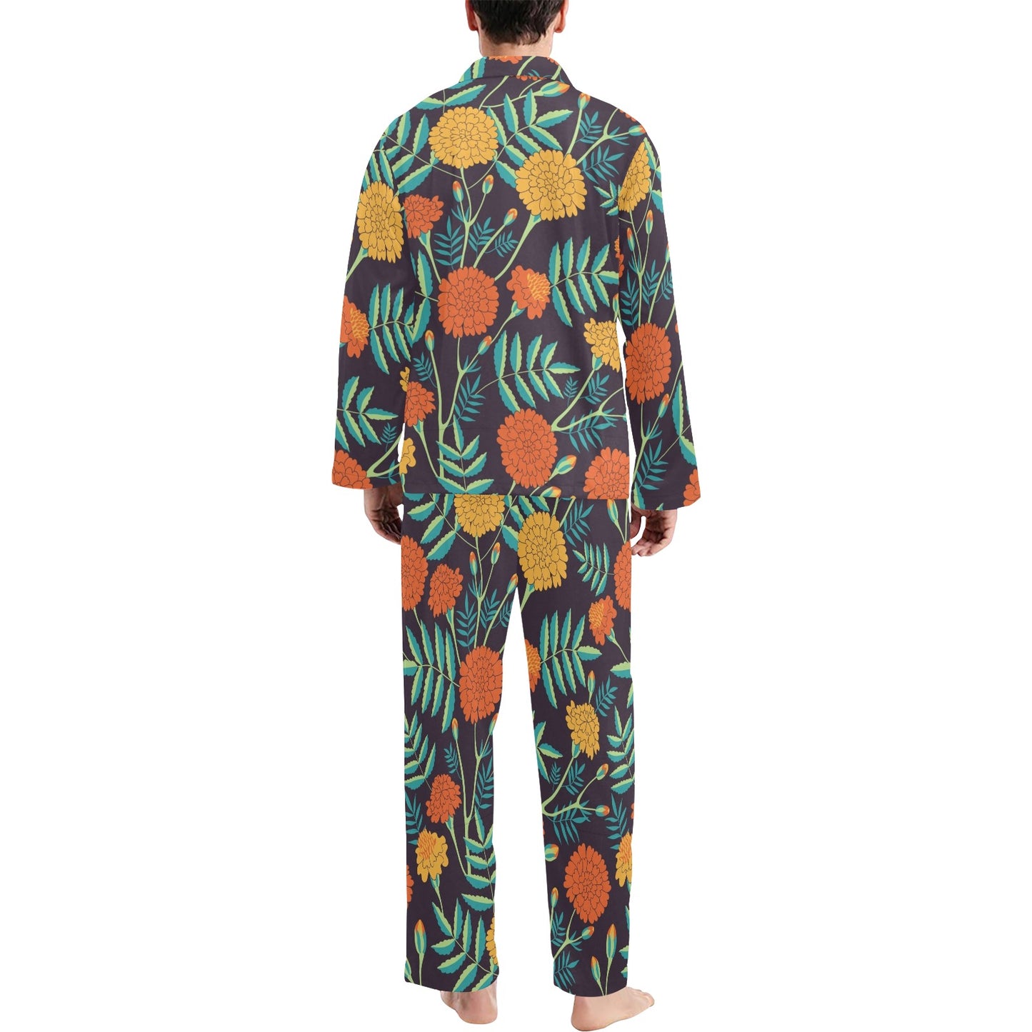 Marigold Pattern Print Design MR01 Men's Long Pajama Set
