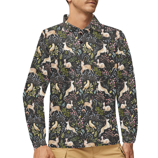 Deer Floral Jungle Long Sleeve Polo Shirt For Men's