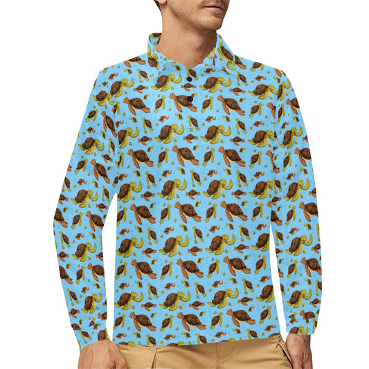 Hello Sea Turtle Print Pattern Long Sleeve Polo Shirt For Men's