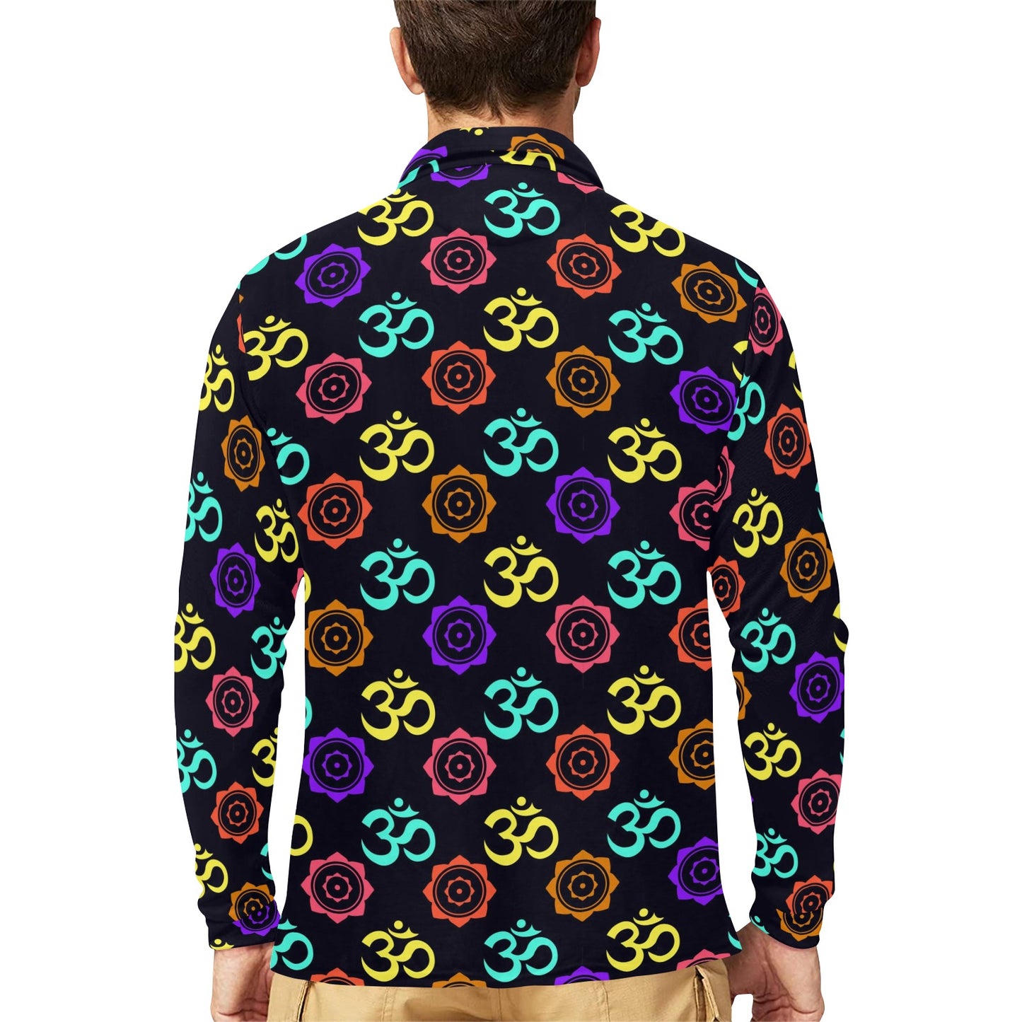 Chakra OM Print Pattern Long Sleeve Polo Shirt For Men's